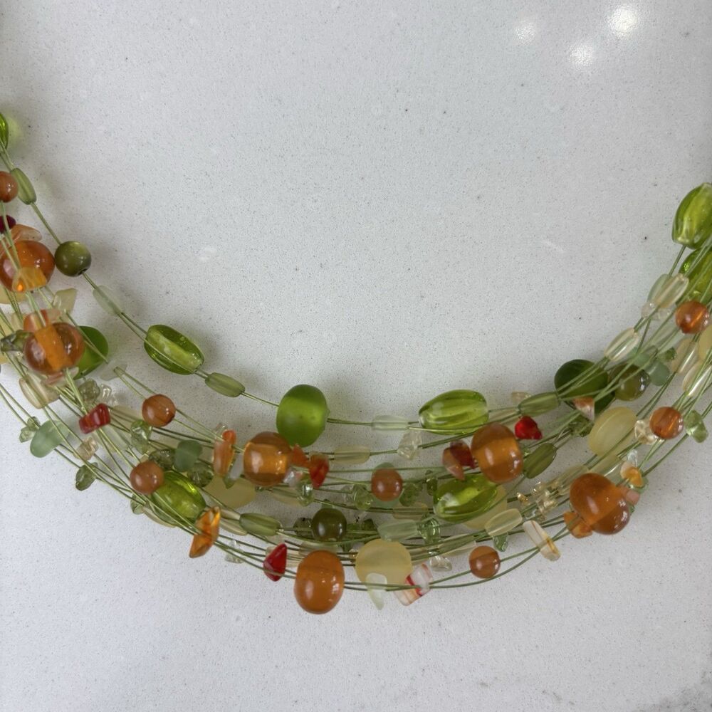 VTG Coldwater Creek Multi-Strand Green Orange Stone Glass Beaded Necklace Artsy - Picture 3 of 10